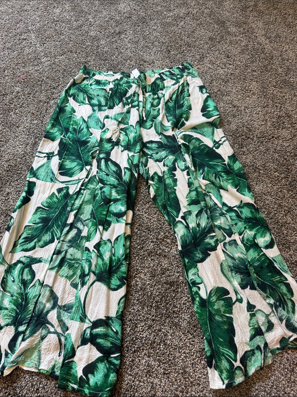 Wide Leg Tropical Leaf Print Pants - Green & White